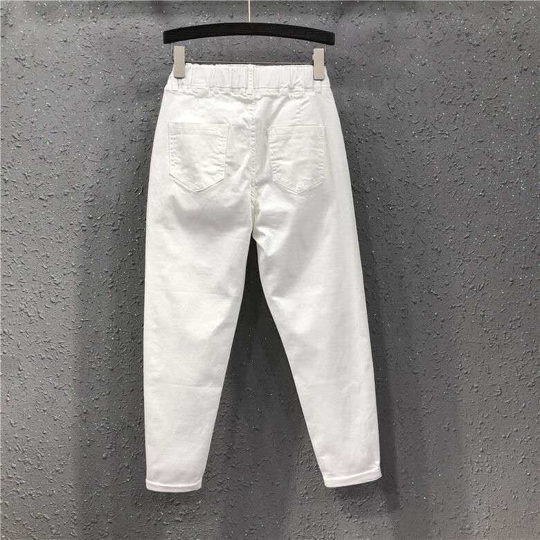 Spring and summer new large size white pants women loose and thin elastic waist high waist jeans casual harem cropped pants