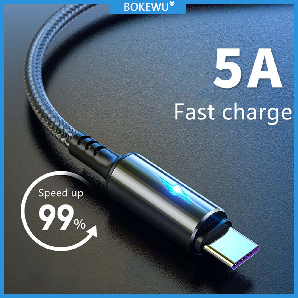 Bokewu cáp micro usb loại c led 5a dây dữ liệu sạc nhanh 2m cho samsung android dây điện thoại di động