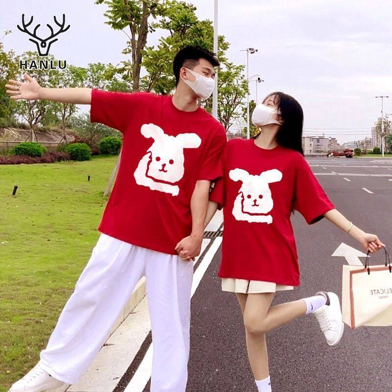 Hanlu áo thun cặp đôi ngắn tay tay ngắn dễ thương nam in màu đỏ in con thỏ áo ngắn tay cổ tròn