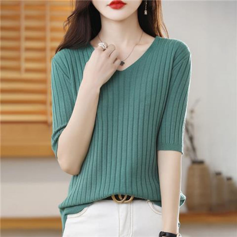 Áo Thun Tay Ngắn Bảy Điểm Đa Năng Mới Áo Len & Áo Cardigan Dệt Kim Mỏng Cho Nữ