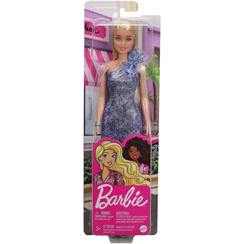 Búp Bê Thời Trang Barbie Tóc Vàng Mắt Xanh Với Váy Ngắn Đính Kim Sa Màu Xanh Dương Và Giày Đế Bằng Màu Bạc Quà Tặng Đồ Chơi Cho Bé Gái GRB32
