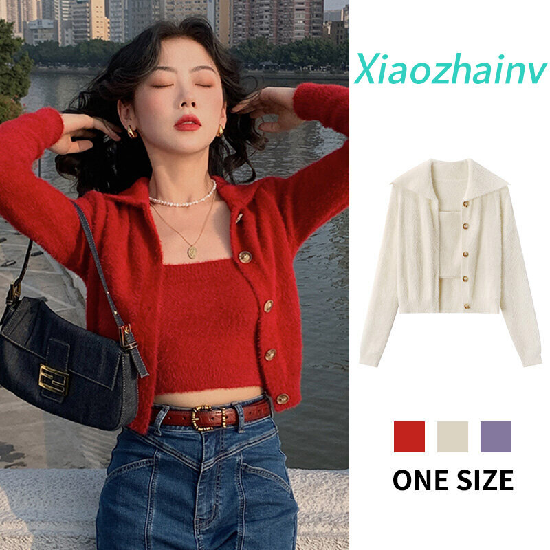 Xiaozhainv Dây Ngắn Nữ Phong Cách Hàn Quốc + Áo Cardigan Dệt Kim Cho Nữ Bộ Đồ Hai Mảnh
