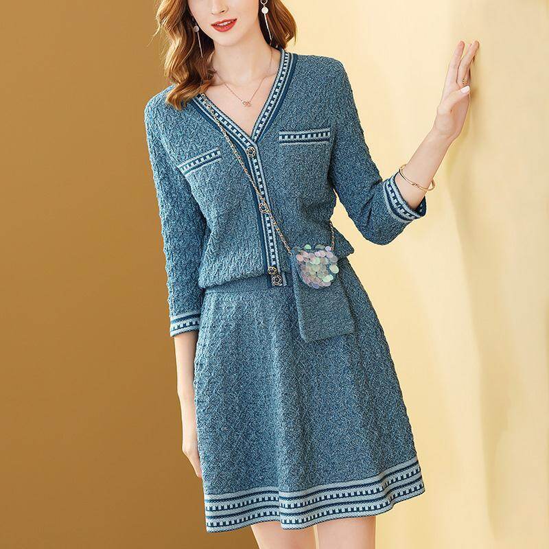 Áo Cardigan Dệt Kim Cổ Chữ V Hương Thơm Nhỏ Khí Chất Kayleigh + Váy Dệt Kim, Nữ Hai Mảnh
