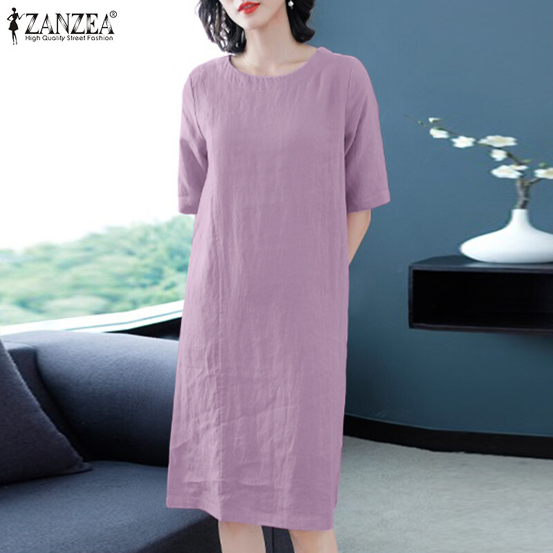 Zanzea đầm midi trơn lưng thun cotton thoải mái cho nữ đầm suông rộng cổ điển #8