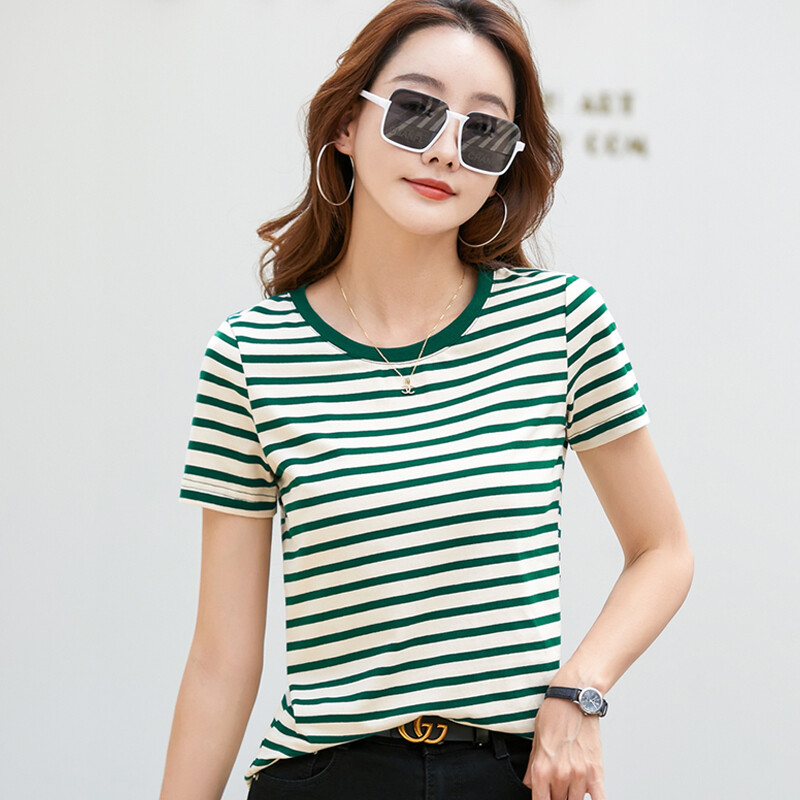 Áo thun nữ ngắn tay cổ tròn áo thun kẻ sọc thường ngày áo cổ tròn 93% cotton