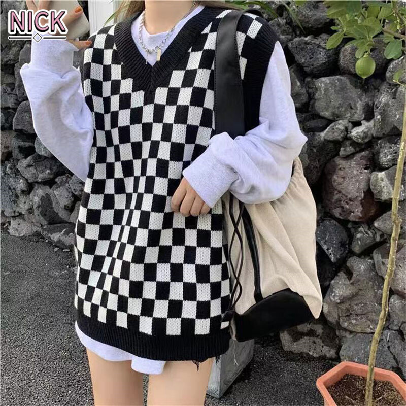 NICK Áo Blazer & Áo Khoác Cho Nữ, Áo Ba Lỗ Thời Trang Đầu Thu Bàn Cờ Áo Ba Lỗ Cổ Chữ V Đồng Phục Xếp Chồng Dáng Rộng Áo Len Không Tay Ống Hông