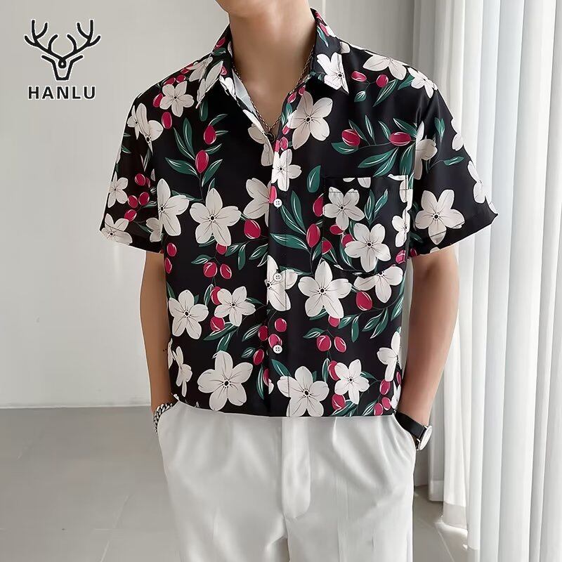 Hanlu áo sơ mi nam in hình nghệ thuật áo sơ mi ngắn tay kiểu nhật lười tay áo lửng