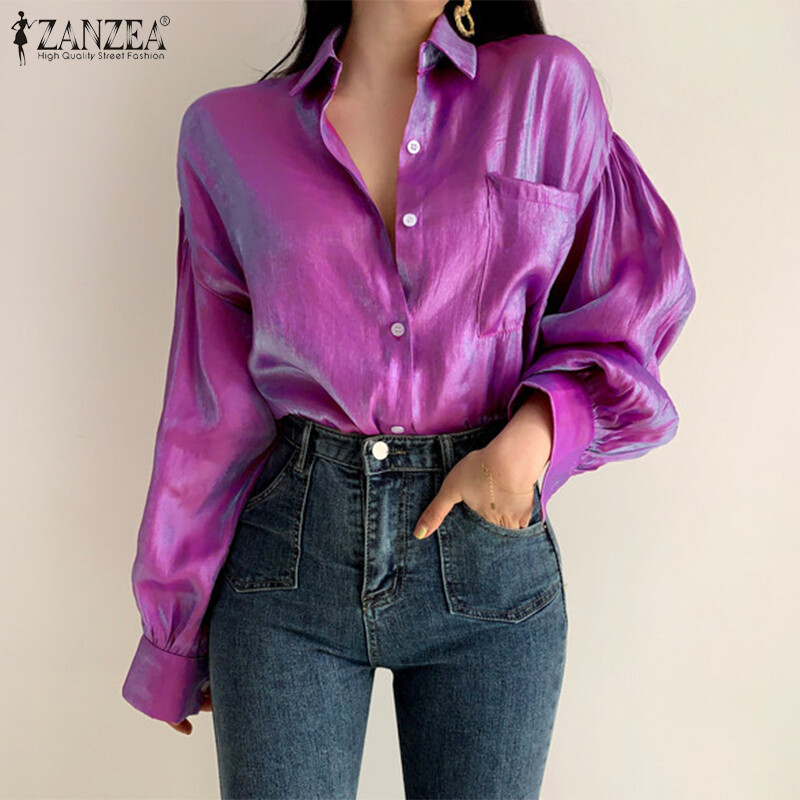 ZANZEA Áo Dạ Hội Nữ Dự Tiệc Có Cúc Tay Phồng Phong Cách Hàn QuốcÁo Cánh Satin Nhẹ