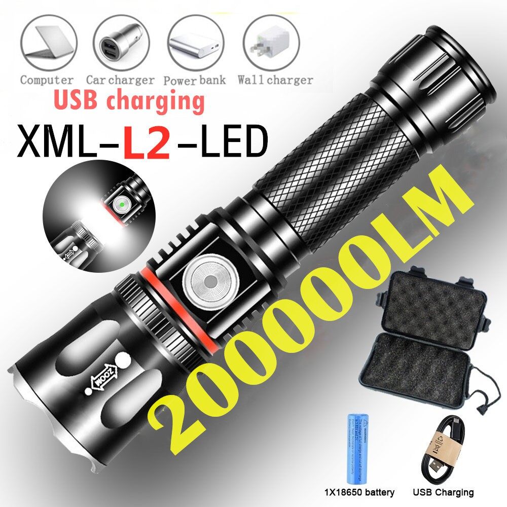 【Sẵn Hàng】bản Gốc Đa Chức Năng Đèn Pin Chống Thấm Nước Ngoài Trời Tầm Xa Đèn Pin Siêu Sáng XM-L L2 Đèn Pin LED Điện Thoại Có Thể Sạc Qua USB