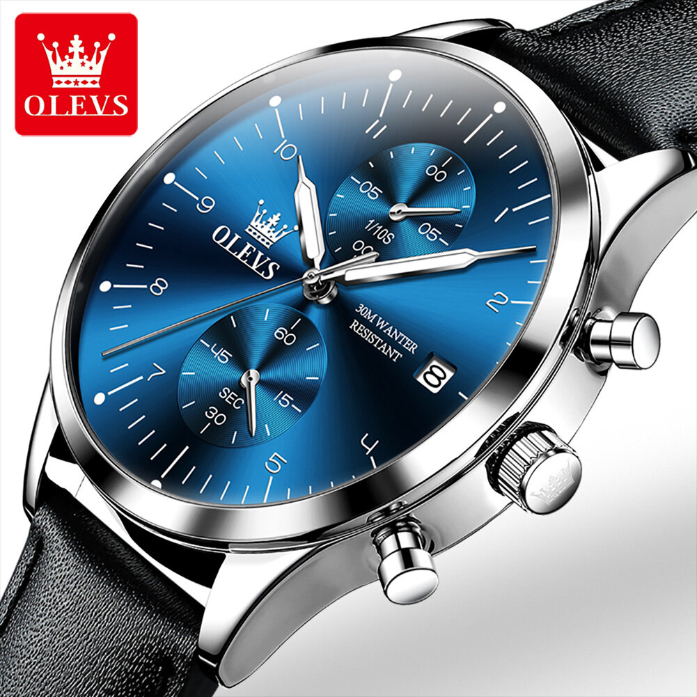 OLEVS 2880 Waterproof Business Watches For Men Super-thin Complication High Quality Quartz Genuine Leather Strap Men Wristwatch
