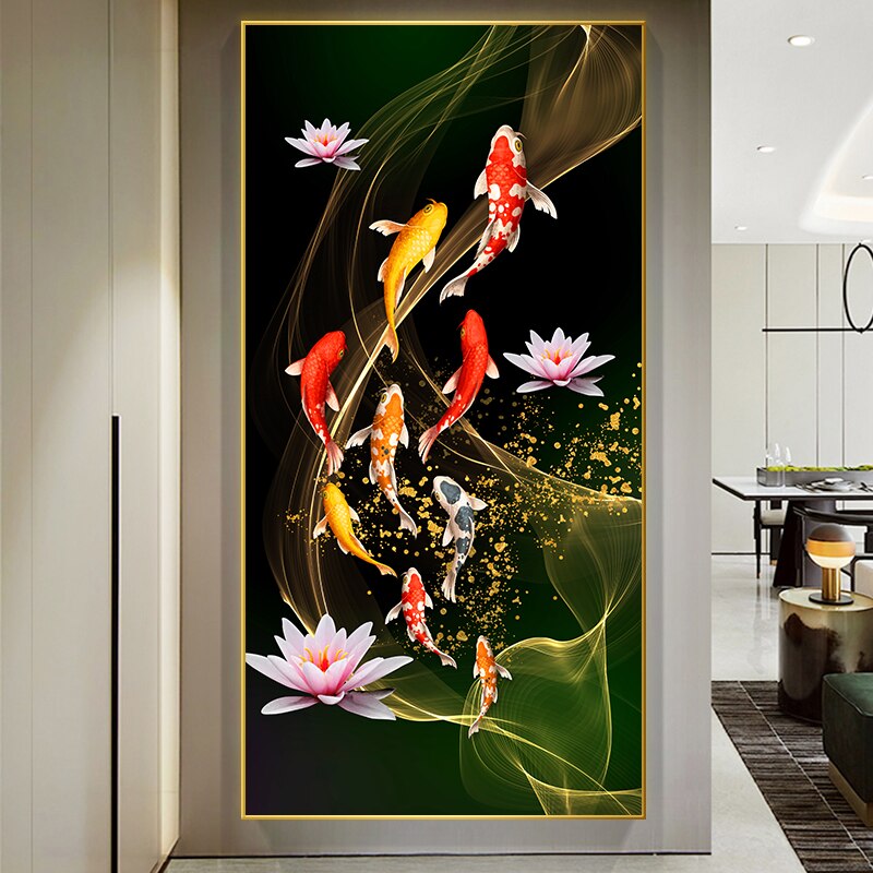 Wall Art Picture HD Print Chinese Abstract Nine Koi Fish Landscape Painting on Canvas Poster For Living Room Home Modern Decor 0728