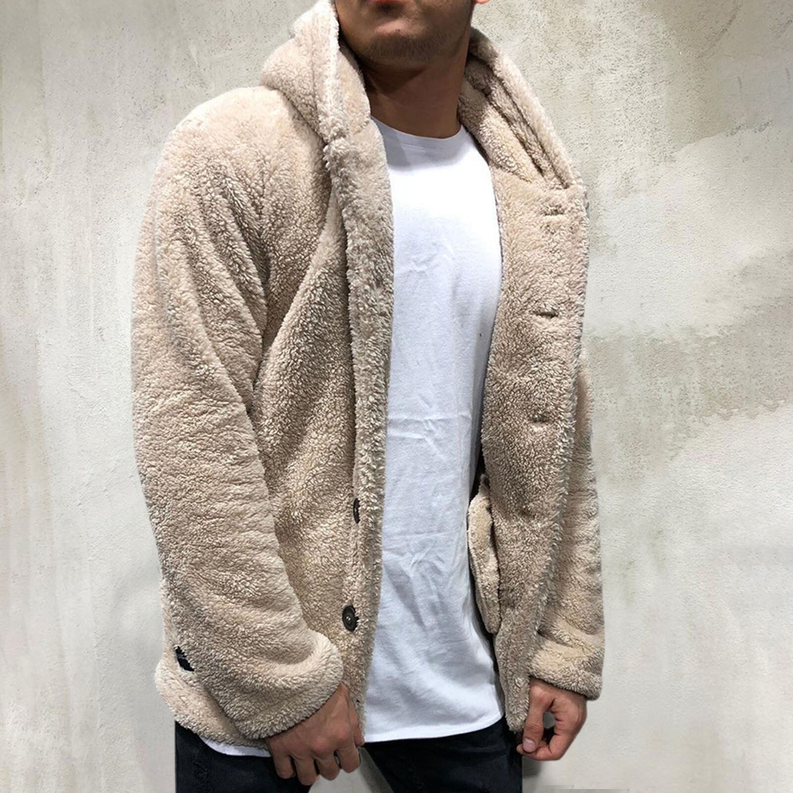 【selling】 Coat Fluffy Fleece Thick Warm Windbreaker Jacket Long Sleeve Hooded Coat Plush Buttons Closure Thicken Warm Men Coat Outerwear