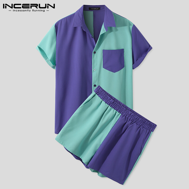 (Phong Cách Phương Tây) INCERUN Bộ Đồ Ngắn Nam, Quần Short Áo Thun Ngắn Tay Đồ Bơi Hawaii Beachwear