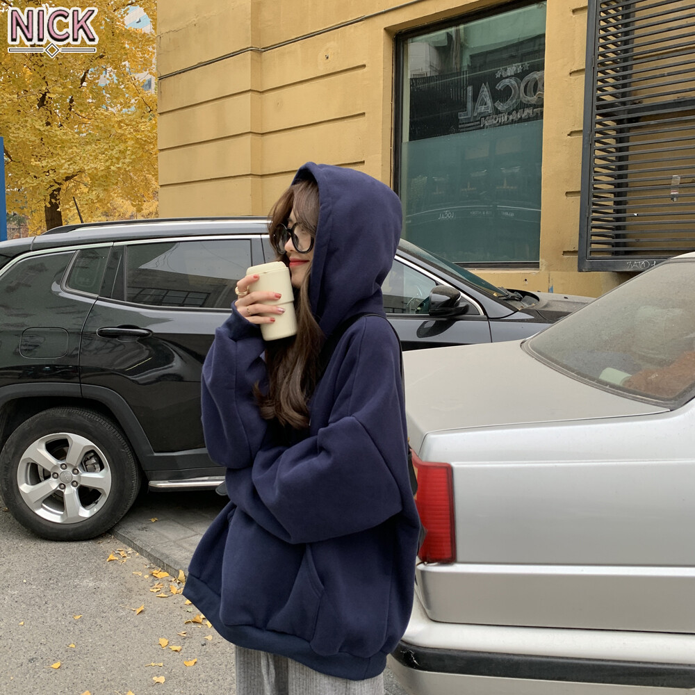 Nick áo nỉ lớn hàn quốc áo nỉ nhung lông áo nỉ có mũ hình in chữ cái áo nỉ có mũ màu navy đa năng