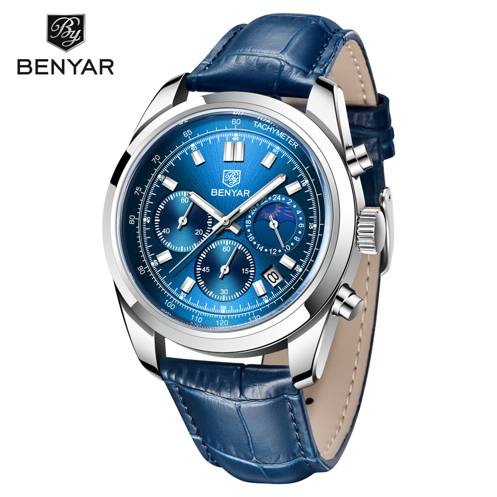 Benyar 2024 thời trang mới Đồng hồ đeo tay có chức năng bấm giờ nam cổ điển bằng thép không gỉ bằng da Hardlex Glass Đồng hồ chống nước người đàn ông Đồng hồ