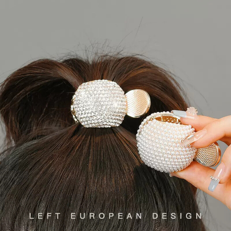 Korean Fashion Rhinestones Pearl Ball Metal Hair Clip for Women Shiny Cute High Ponytail Fixed Hairpin Accessories