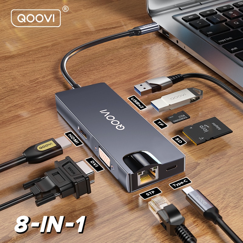 Qoovi bộ chuyển đổi usb c hub type c sang hdmi tương thích 4k 60hz rj45 pd 100w 8 trong 1 cho macbook bộ chia trạm dock mạng ethernet