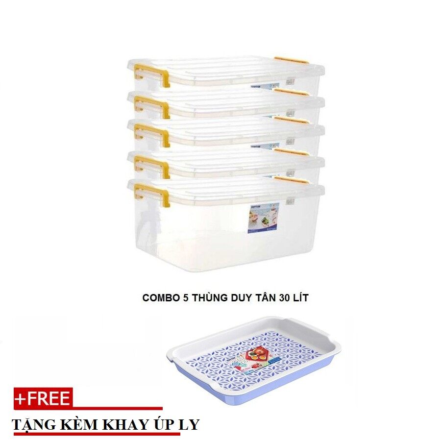 Combo 5 thùng nhựa duy tân trong suốt 30 lít - tặng kèm 1 khay úp ly