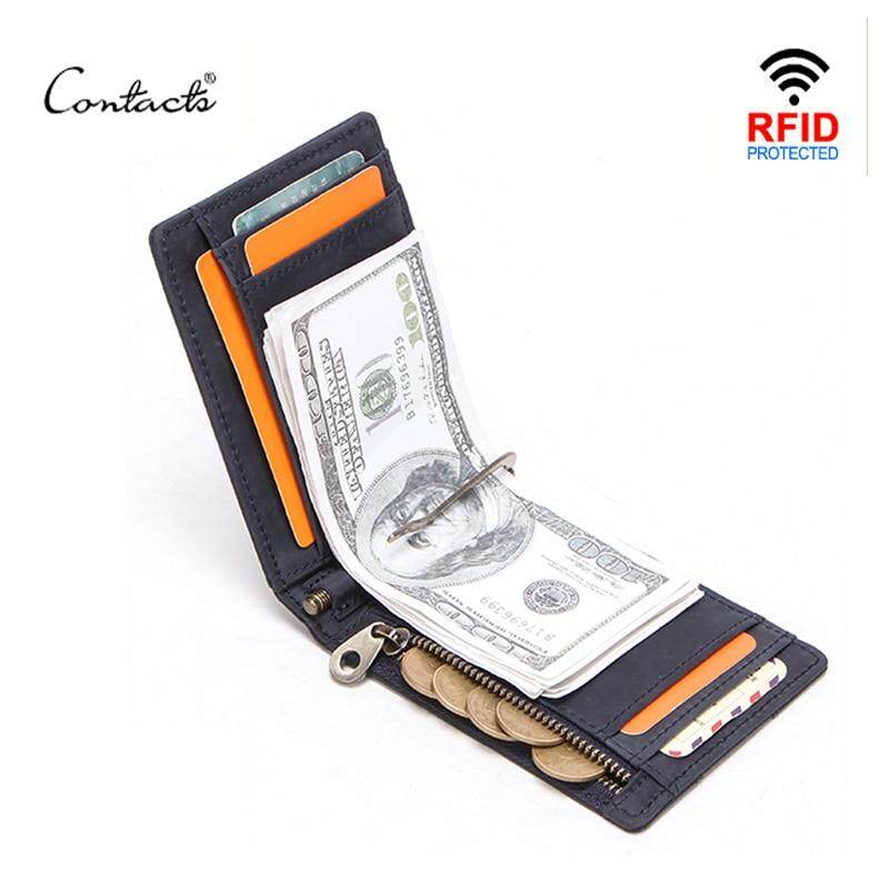 2023 CONTACT S Men RFID Genuine Leather Money Clip Card Wallet Crazy Horse