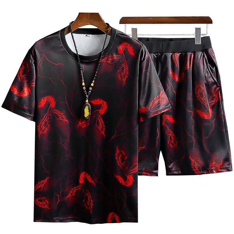 Yushuฤดูร้อนแขนสั้นสองชิ้นเสื้อยืดชุดลำลองผู้ชายวิญญาณสังคมเทรนด์ผู้ชายสุทธิสีแดงกับเสื้อผ้าหล่อ