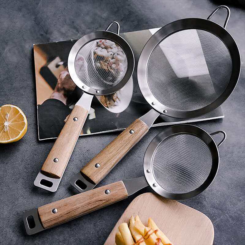 Rây Lọc Bánh Bao Khoai Tây Chiên Lưới Mịn Có Tay Cầm Bằng Gỗ Dụng Cụ Rây Lọc Dầu Bột Dụng Cụ Nhà Bếp Lọc Thực Phẩm