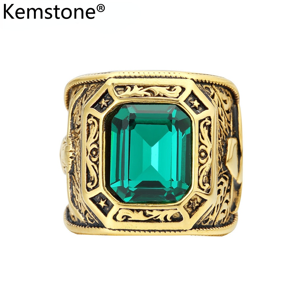Kemstone Vintage Gold Stainless Steel Green Blue Red Square Crystal Ring