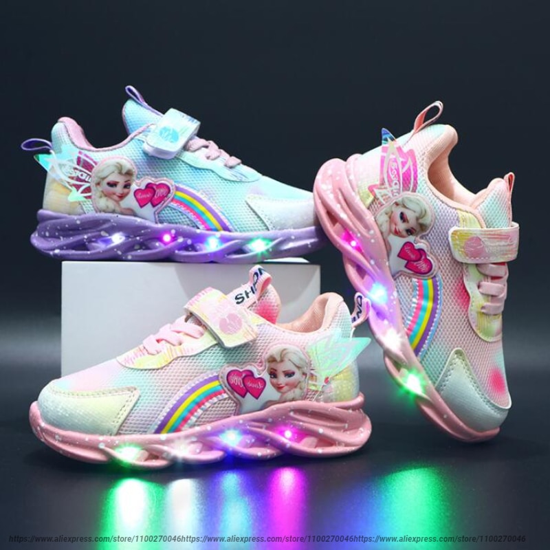 LED Casual Sneakers Pink Purple For Spring Girls Frozen Elsa Princess Print Outdoor Shoes Children Lighted Non-slip Shoes ราคา  512 บาท*ส่งฟรี