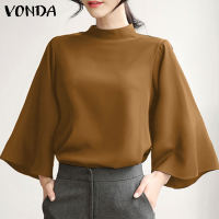 VONDA Women Blouses Elegant 3/4 Sleeve Solid O-Neck Three Quarter Sleeve Blusas Casual Tops Korean Style Black Blouse For Formal Occasion & Work