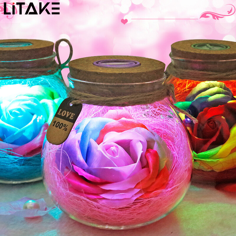 LITAKE LED RGB Dimmer Lamp Creative Romantic Rose Bottle Light Color