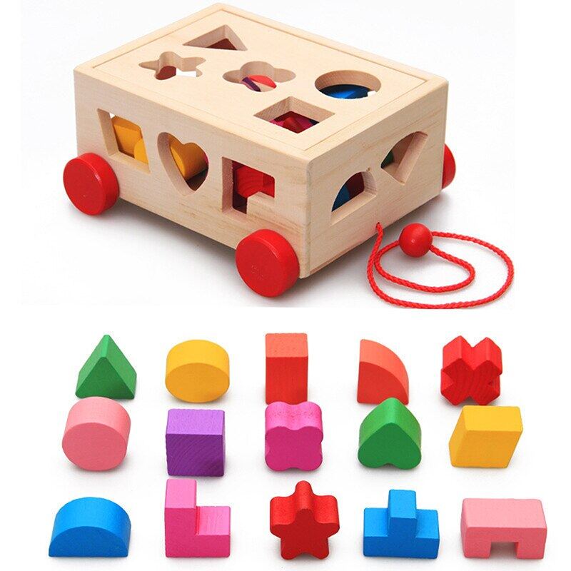 Montessori xếp hình đồ chơi bằng gỗ kéo cùng hình xe xếp hình khối xếp