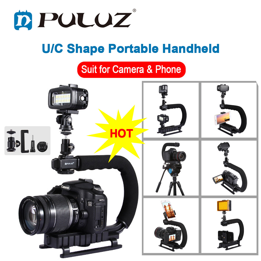 PULUZ U/C Shape Portable Handheld DV Bracket Stabilizer Kit for Apple Iphone Sony Samsung Panasonic Huawei Xiaomi with Cold Shoe Tripod Head Phone Clamp Quick Release Buckle Long Screw