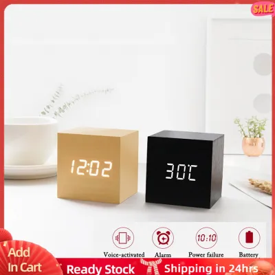 【Hot Sale】Digital Fashion Simple Sound Control USB Digital LED Desk table Wooden Alarm Clock Timer LED display voice control clock for bedroom (1)