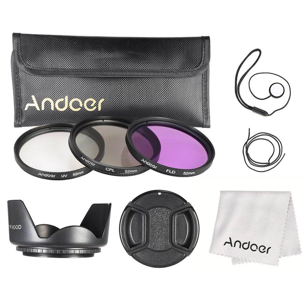 Andoer 52mm Lọc Kit (UV + CPL + FLD) + Nylon Carry Pouch + Lens Cap + Lens Cap Chủ + Lens Hood + Ống Kính Làm Sạch Vải