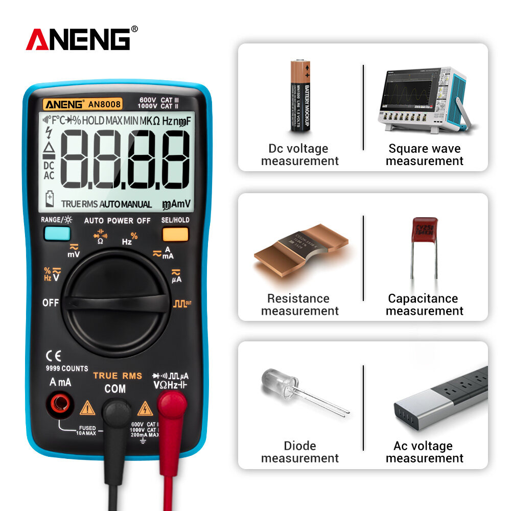 ANENG AN8008 Đa Năng Kế Kỹ Thuật Số 9999 Đếm True-RMS Đèn Nền Sóng Vuông AC DC Ampe Kế Điện Áp Hiện