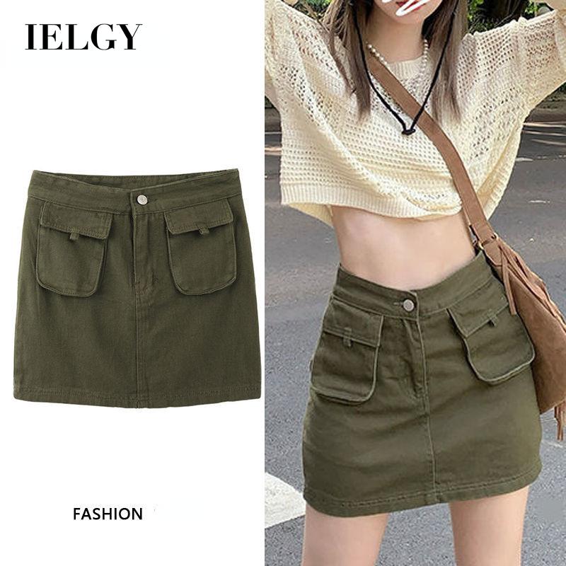 Ielgy chân váy ngắn denim dáng ôm cạp cao cho nữ