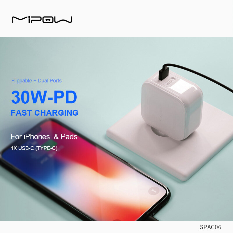 Mipow bộ sạc usb type c 30w bộ sạc type c di động hỗ trợ sạc nhanh type c pd cho iphone 12 pro max 11 plus phích cắm xoay
