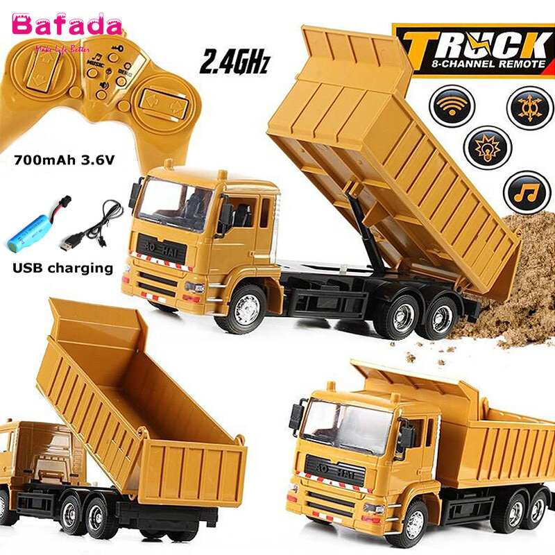 Bafada 【Sẵn Sàng】 Sạc USB 8 Kênh Xe RC RC Xe Ben 2.4Ghz Điều Khiển Từ Xa RC Xe Xây Dựng Đồ Chơi Cho Bé Trai Xmas Quà Tặng Sinh Nhật Màu Vàng RC Mô Hình Xe Tải Kỹ Thuật Đồ Chơi Bãi Biển Vận Chuyển