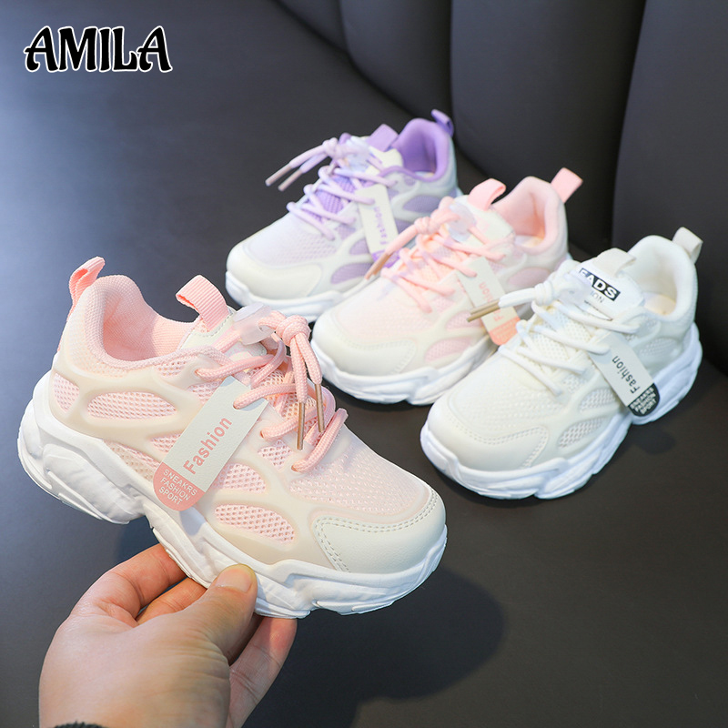AMILA Girls Mesh Sneakers Breathable Dad Shoes New Fashion Children's Shoes Student Soft Sole Running Shoes Boys Shoes ราคา  219 บาท*ส่งฟรี