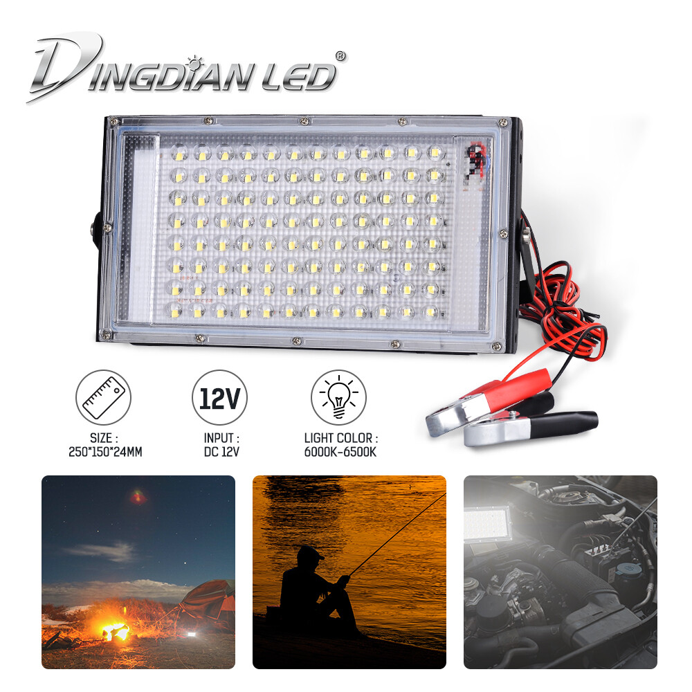 DINGDIAN LED DC12V Kẹp Cá Sấu Đèn LED Đèn Pha Ngoài Trời Chống Nước 50W 100W 6500K Đèn LED Trắng Lạnh Chiếu Điểm Siêu Sáng Cho Sân Vườn, Sân, Chợ Đêm