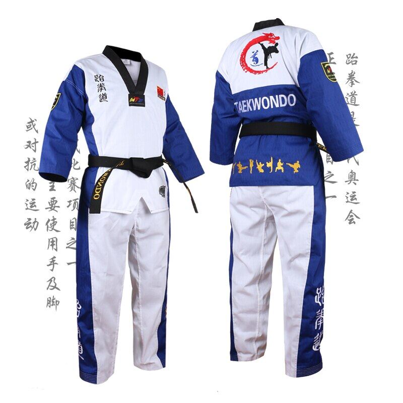 Đồng phục taekwondo tkd cho trẻ em màu đen đỏ xanh dương cao cấp bộ đồ luyện tập karate đồng phục thêu poomsae dobok wtf đã được phê duyệt