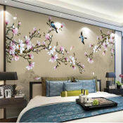 Custom Hand-Painted Magnolia Mural Wallpaper by OEM