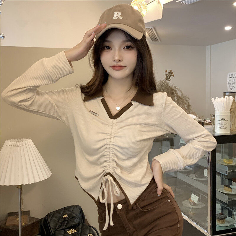 Áo thun dài tay cổ bẻ cho nữ áo ngắn có dây rút