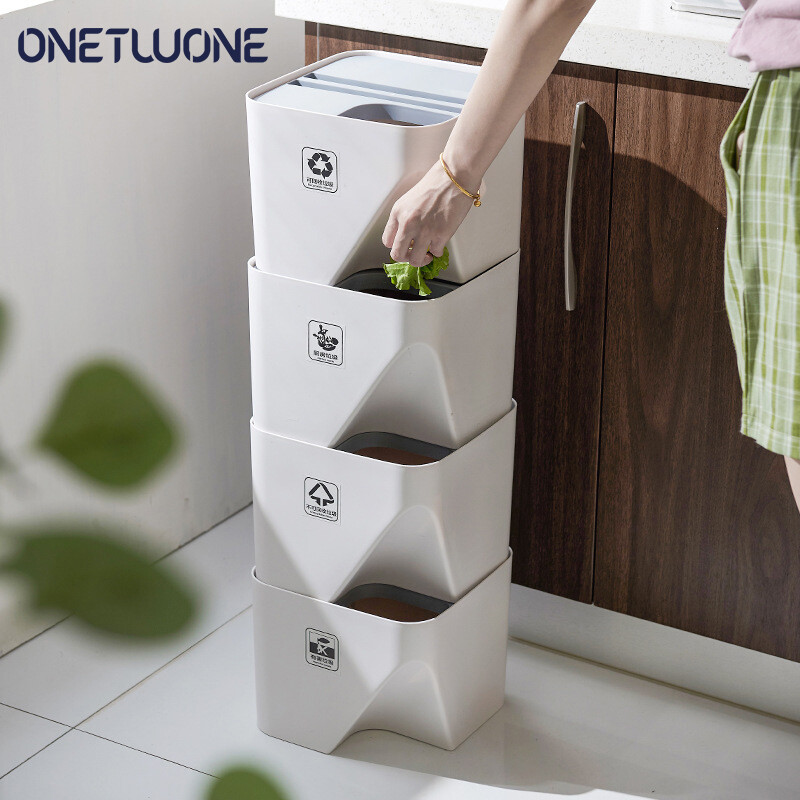 Onetwone Creative Sorting Trash Can Stackable Recycling Can Dry and Wet Separation Dustbin Household Garbage Bins with Lid Kitchen Classification Rubbish Bucket Bathroom Waterproof Waste Container Cleaning Tools ราคา 277 บาท*ส่งฟรี