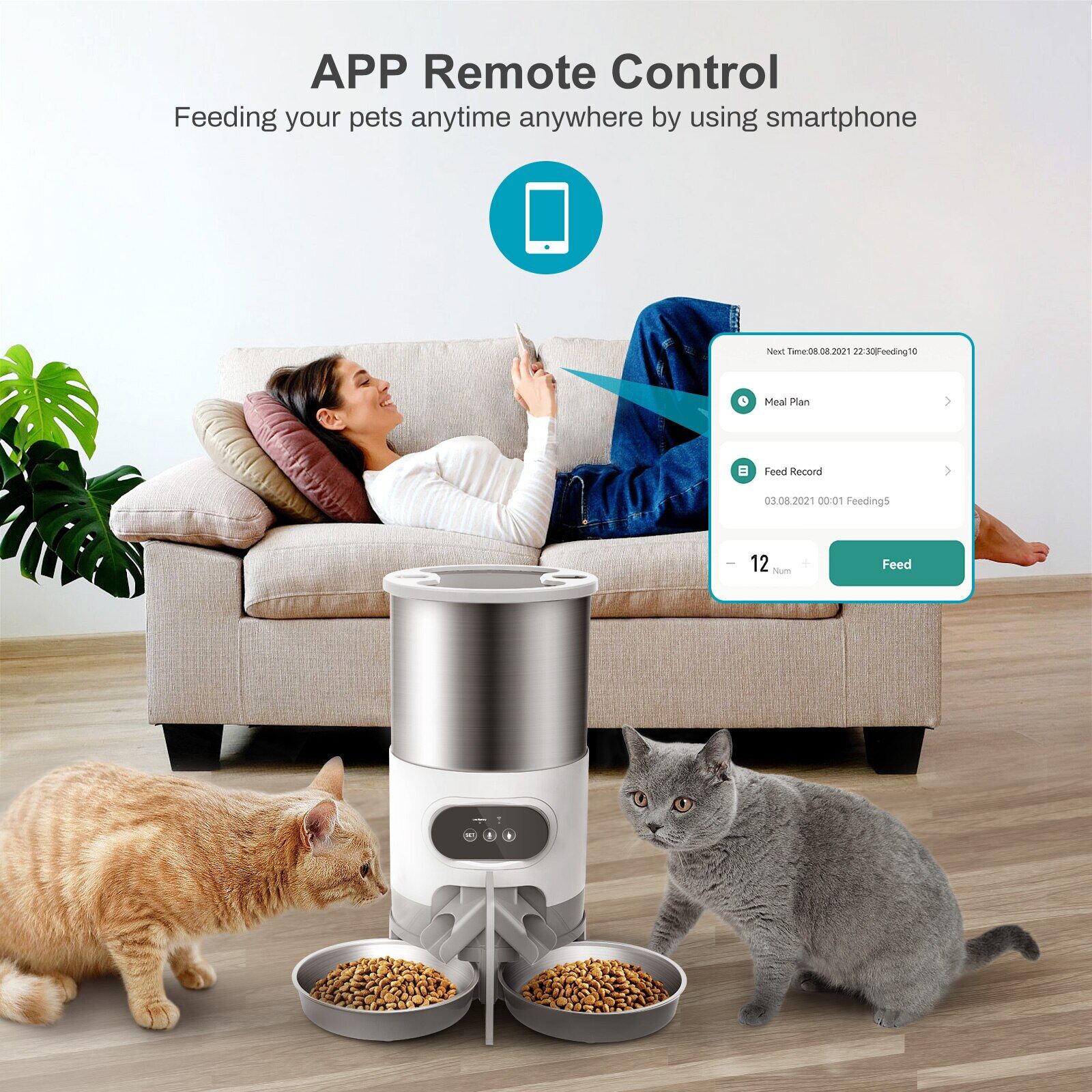 Máy cho thú cưng ăn tự động bằng ứng dụng wifi 4,5l máy phân phối thức ăn khô máy ghi âm hẹn giờ cho ăn bán hàng tự động cho chó mèo lớn bát thông minh cho thú cưng