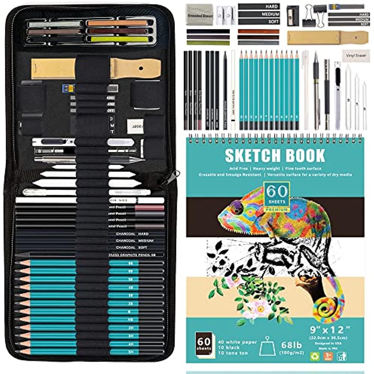 50 cái Bút chì vẽ Kit với Quyển phác thảo than chì than chì pastel bút chì