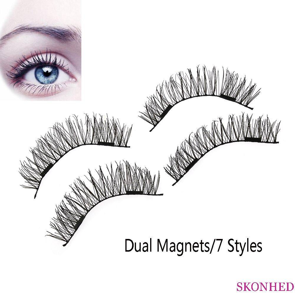 SKONHED 4 Pcs Reusable Handmadeหนายาวขนตาปลอมชิ้นเล็กDualแม่เหล็กกาวขนตาLashes Extension