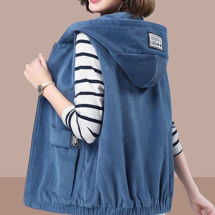 Áo Gi-lê Mùa Thu Cho Nữ Áo Khoác Không Tay Có Mũ Áo Khoác Nữ Ngắn Dáng Rộng Thường Ngày