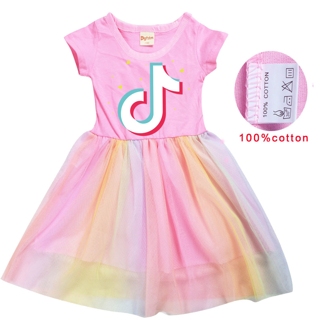 Tik-Toks Girls Rainbow Gauze Dress Girl Baby Short Sleeve Mesh Princess Dress 100% Cotton 8237 Summer Print Hem Flounces Dress