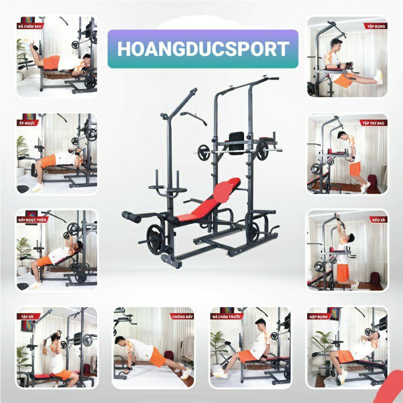 Ghế tập tạ giàn tạ đa năng xà đơn xà kép Hoàng Đức 1604 mẫu mới nhất (chưa có tạ và đòn tạ)