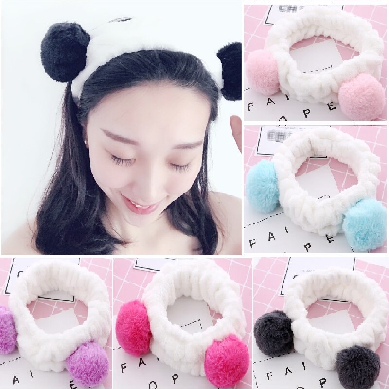 Tai Gấu Trúc Dễ Thương Băng Bịt Đầu Đàn Hồi San Hô Mềm Lông Cừu Mũ Nón Nữ Phụ Nữ Trang Điểm Vòi Hoa Sen Rửa Mặt Spa Khăn Buộc Đầu